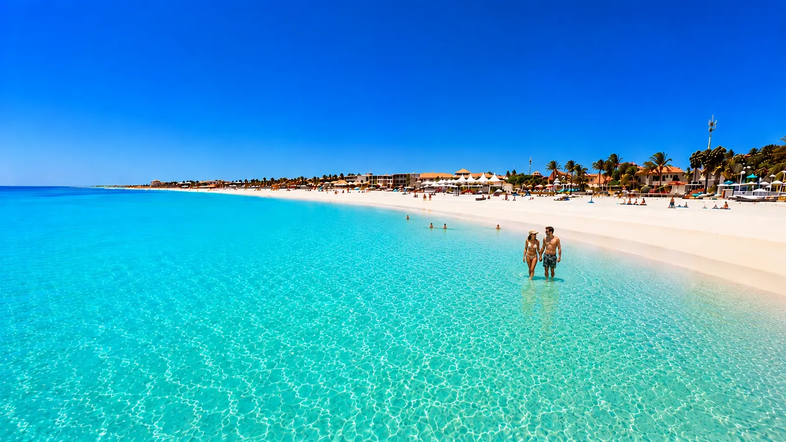 Couple walking hand in hand through crystal-clear turquoise water on Santa Maria beach, Sal, Cape Verde
